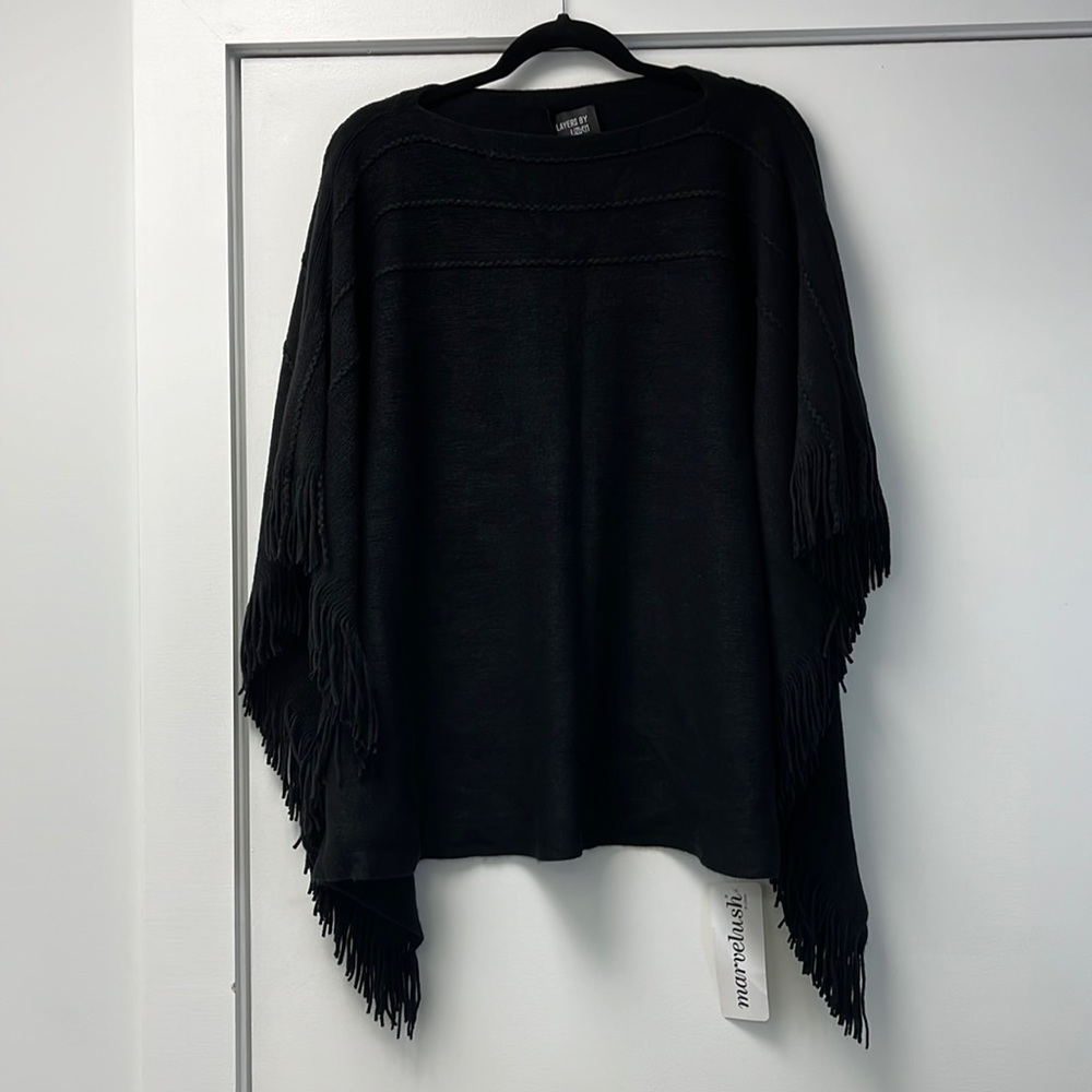 Layers by Lizden Women’s Sweater Cape Shawl black fringe- missy one size